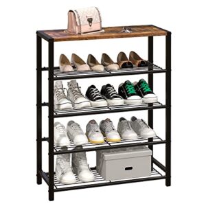 yusong shoe rack, 5 tier shoe organizer storage for closet entryway, narrow tall metal shoe shelves with industrial wooden top, rustic brown and black
