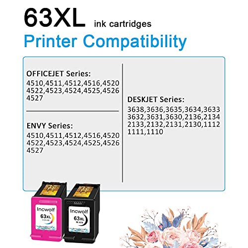 INCWOLF Remanufactured Ink for 63XL 63 Black and Color Combo Pack to use with OfficeJet 3830 3831 Envy 4520 4512 Officejet 4650 5255 5220 Deskjet 1112 3634 3639 3632 (1 Black, 1 Color)