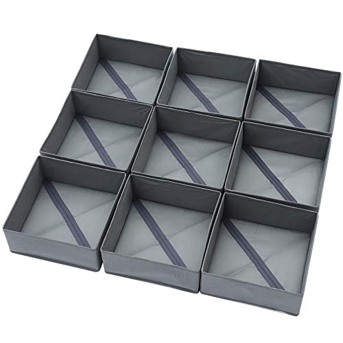 DIOMMELL 9 Pack Foldable Cloth Storage Box Closet Dresser Drawer Organizer Fabric Baskets Bins Containers Divider for Clothes Underwear Bras Socks Lingerie Clothing, M Grey 900