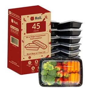 reli. meal prep containers, 38 oz. | 45 pack | large 1 compartment food container w/clear lids | microwavable food storage containers |black reusable bento box/lunch box containers for food/meal prep