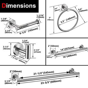 6 Pieces Brushed Nickel Bathroom Hardware Accessories Set Hand Towel Ring 18&23.6 inch Round Towel Bar Silver Toilet Paper Holder Towel Hooks 2 Pieces SUS 304 Stainless Steel,Heavy Duty,Wall Mounted