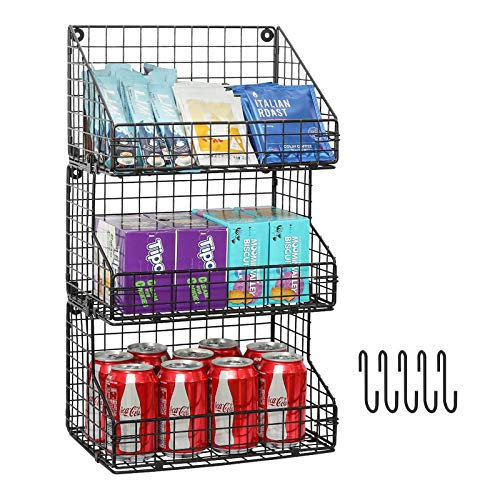 X-cosrack 3 Tier Stackable Tea Bag Organizer Large Size with 5 Hooks Metal Wire Basket Coffee Snack Rack Holder Countertop Caddy Bin Wall Mount Shelf for Office Kitchen Cabinet Pantry Patent Desgin, 11.8x7.8x22 inch