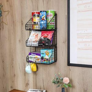 X-cosrack 3 Tier Stackable Tea Bag Organizer Large Size with 5 Hooks Metal Wire Basket Coffee Snack Rack Holder Countertop Caddy Bin Wall Mount Shelf for Office Kitchen Cabinet Pantry Patent Desgin, 11.8x7.8x22 inch