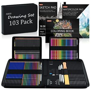 drawing kit, shuttle art 103 pack drawing pencils set, sketching and drawing art set with colored pencils, sketch and graphite pencils in portable case, drawing supplies for kids, adults and artists