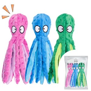 manopaws 3 pack dog toys for small dogs, medium dogs, large dogs, puppy teething chew toys, aggressive chewers, no stuffing crinkle plush dog toys (octopus)