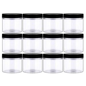 14oz (420ml 12 pack) empty clear wide mouth plastic jars with smooth lids and labels - round pet containers for food storage and dry goods,craft and more - bpa free (black lids)
