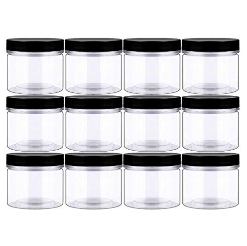 14oz (420ml 12 Pack) Empty Clear Wide Mouth Plastic Jars with Smooth Lids and Labels - Round PET Containers for Food Storage and Dry Goods,Craft and More - BPA Free (Black Lids)