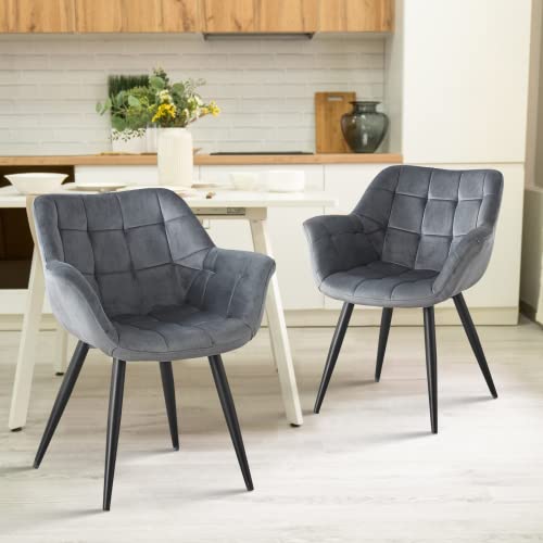 GURLLEU Velvet Accent Chairs Set of 2 Mid-Back Dining Chair with Arms, Modern Leisure Armchair Upholstered Single Sofa Chair with Black Paint Legs for Living Room Home,Gray