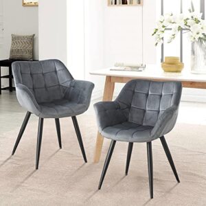 GURLLEU Velvet Accent Chairs Set of 2 Mid-Back Dining Chair with Arms, Modern Leisure Armchair Upholstered Single Sofa Chair with Black Paint Legs for Living Room Home,Gray