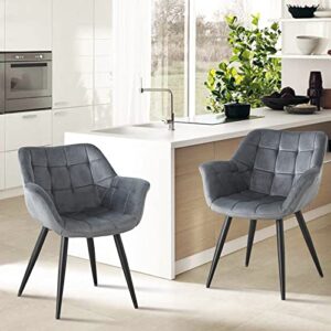 GURLLEU Velvet Accent Chairs Set of 2 Mid-Back Dining Chair with Arms, Modern Leisure Armchair Upholstered Single Sofa Chair with Black Paint Legs for Living Room Home,Gray