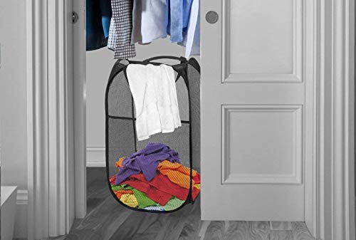 Laundry Hamper for Clothes - Mesh Pop Up Laundry Basket Bag, Portable Collapsible Folding Hampers with Carry Handles, fit College Dorm, Bedroom, Travel, Kids Room (Black)