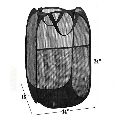 Laundry Hamper for Clothes - Mesh Pop Up Laundry Basket Bag, Portable Collapsible Folding Hampers with Carry Handles, fit College Dorm, Bedroom, Travel, Kids Room (Black)