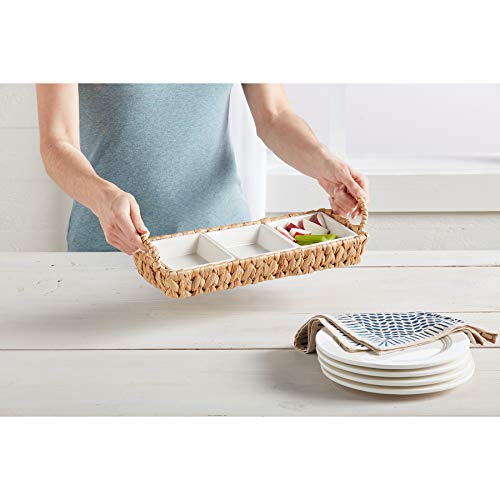Mud Pie Water Hyacinth Section Server, 5" x 16 1/4", White, Brown