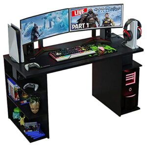 madesa gaming computer desk with 5 shelves, cable management and large monitor stand, wood, 24" d x 53" w x 29" h - black