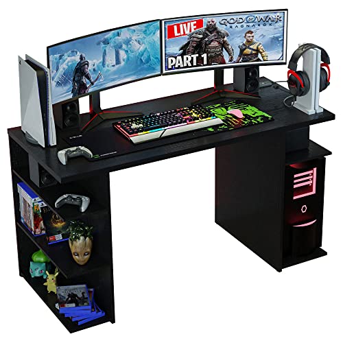 Madesa Gaming Computer Desk with 5 Shelves, Cable Management and Large Monitor Stand, Wood, 24" D x 53" W x 29" H - Black