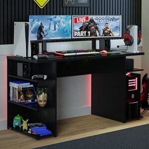 Madesa Gaming Computer Desk with 5 Shelves, Cable Management and Large Monitor Stand, Wood, 24" D x 53" W x 29" H - Black