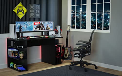 Madesa Gaming Computer Desk with 5 Shelves, Cable Management and Large Monitor Stand, Wood, 24" D x 53" W x 29" H - Black