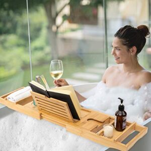 lifestyle expandable bath tub tray - a lovely expandable wooden tray with space for wine glass, book/ipad stand, towels, and bathing gel. great for relaxation after works and family activities.
