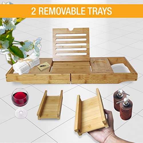 Lifestyle Expandable Bath Tub Tray - A Lovely Expandable Wooden Tray with Space for Wine Glass, Book/iPad Stand, Towels, and Bathing Gel. Great for Relaxation After Works and Family Activities.