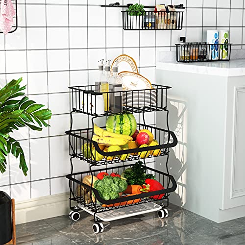 Fruit Vegetable Basket, 1Easylife 3 Tier Stackable Metal Wire Basket Cart with Rolling Wheels, Utility Rack for Kitchen, Pantry, Garage, With 2 Free Baskets (3 tier)