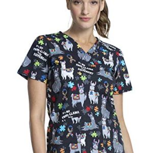 Cherokee Prints Women Scrubs Top V-Neck Print CK651, S, Llama Love