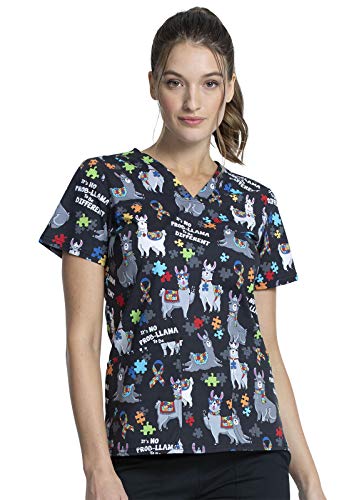 Cherokee Prints Women Scrubs Top V-Neck Print CK651, S, Llama Love