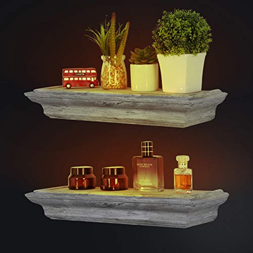 Eitida Wall-Mounted Wood Floating Display Shelves with Spotlight, Set of 2 for Entrance, Kitchen, Bedroom, Living Room Storage and Decor, Gray.(Battery Not Included)