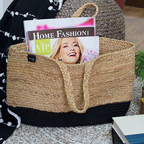 CHARDIN HOME Boho braided Jute Bag in all Natural Jute and black cotton | 12x16 in | Versatile, decorative, sturdy, stylish, bohemian all natural tote bag for shopping, storage, laundry or home décor