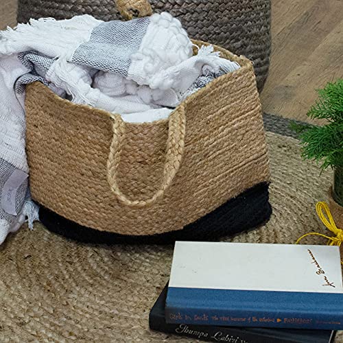 CHARDIN HOME Boho braided Jute Bag in all Natural Jute and black cotton | 12x16 in | Versatile, decorative, sturdy, stylish, bohemian all natural tote bag for shopping, storage, laundry or home décor