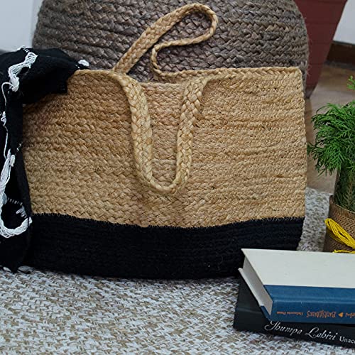 CHARDIN HOME Boho braided Jute Bag in all Natural Jute and black cotton | 12x16 in | Versatile, decorative, sturdy, stylish, bohemian all natural tote bag for shopping, storage, laundry or home décor