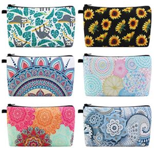 magefy makeup bag 6 styles portable travel cosmetic bag for women flower patterns zipper pouch sloth gifts makeup pouch with black zipper (6 packs)