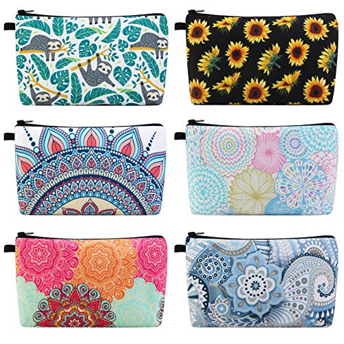 MAGEFY Makeup Bag 6 Styles Portable Travel Cosmetic Bag for Women Flower Patterns Zipper Pouch Sloth Gifts Makeup Pouch with Black Zipper (6 packs)