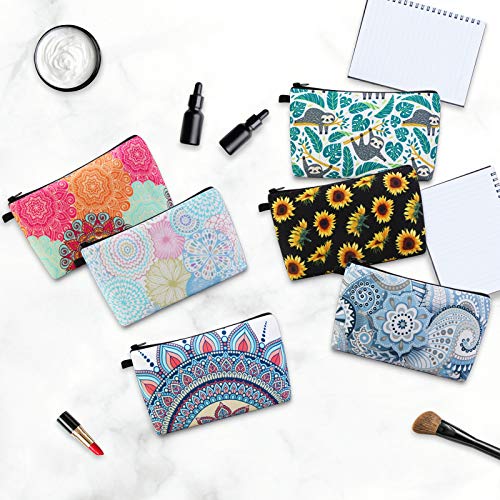 MAGEFY Makeup Bag 6 Styles Portable Travel Cosmetic Bag for Women Flower Patterns Zipper Pouch Sloth Gifts Makeup Pouch with Black Zipper (6 packs)