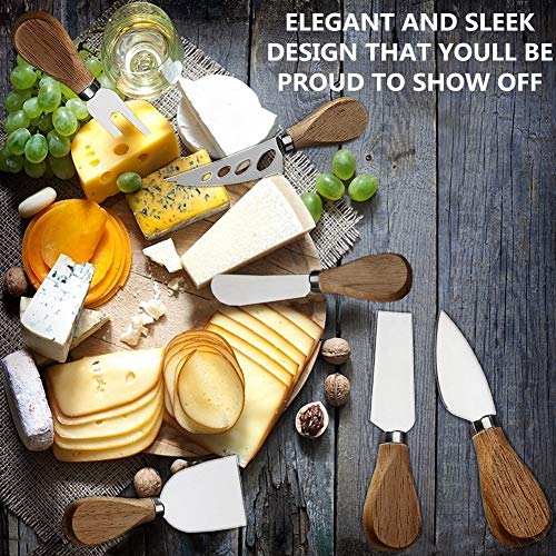 MJuAn Premium 6-Piece Cheese Knife Set,Complete Stainless Steel Cheese Knives Collection(Acacia Wood Handle)-Cheese Spreader Knife for Charcuterie,Gift-Ready