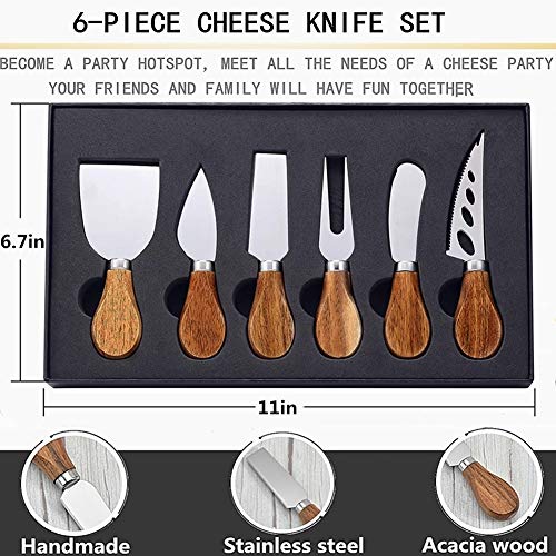 MJuAn Premium 6-Piece Cheese Knife Set,Complete Stainless Steel Cheese Knives Collection(Acacia Wood Handle)-Cheese Spreader Knife for Charcuterie,Gift-Ready