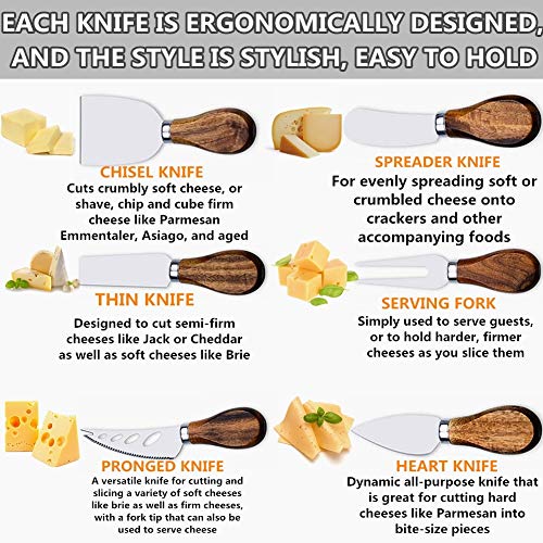 MJuAn Premium 6-Piece Cheese Knife Set,Complete Stainless Steel Cheese Knives Collection(Acacia Wood Handle)-Cheese Spreader Knife for Charcuterie,Gift-Ready