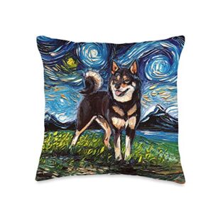 Sagittarius Gallery Black and Tan Shiba Inu Starry Night Cute Dog Art by Aja Throw Pillow, 16x16, Multicolor