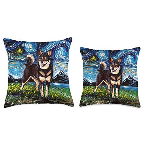 Sagittarius Gallery Black and Tan Shiba Inu Starry Night Cute Dog Art by Aja Throw Pillow, 16x16, Multicolor