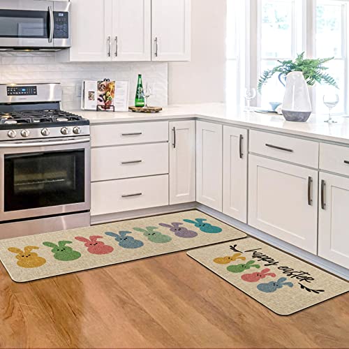 Artoid Mode Happy Easter Rabbits Decorative Kitchen Mats Set of 2, Home Seasonal Spring Easter Holiday Holiday Party Low-Profile Floor Mat - 17x29 and 17x47 Inch