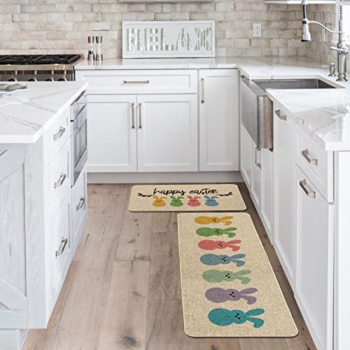 Artoid Mode Happy Easter Rabbits Decorative Kitchen Mats Set of 2, Home Seasonal Spring Easter Holiday Holiday Party Low-Profile Floor Mat - 17x29 and 17x47 Inch