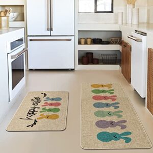 Artoid Mode Happy Easter Rabbits Decorative Kitchen Mats Set of 2, Home Seasonal Spring Easter Holiday Holiday Party Low-Profile Floor Mat - 17x29 and 17x47 Inch