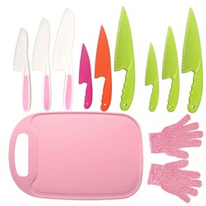 pocomoco 12pcs kids plastic knife set,bpa-free children's safe cooking knife set with cut resistant gloves(ages 6-12)&cutting board for fruit,salad (pink)
