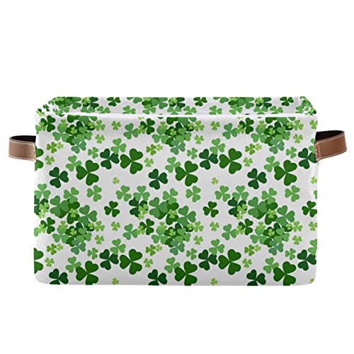 senya St. Patrick's Day Storage Basket, Large Foldable Storage Basket with Handles, Lucky Clover Shamrocks Fabric Collapsible Storage Bins Organizer Bag