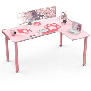 eureka ergonomic gaming desk pink,60 inch pink l shaped gaming desk, gaming table pink with free mouse pad for girls home office wood & metal space-saving,easy to assemble,computer desk pink