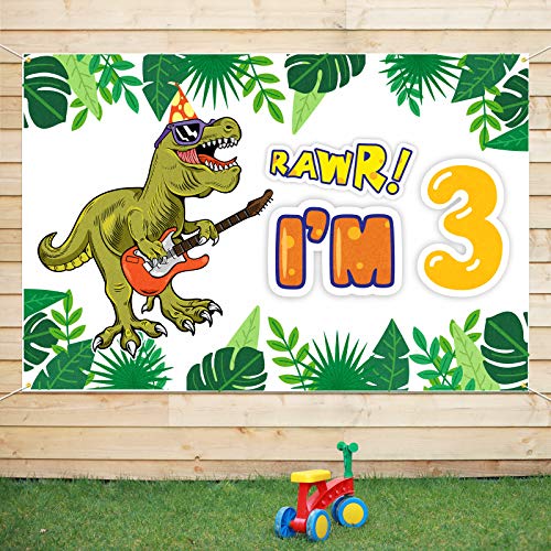 PAKBOOM Rawr I'm 3 Backdrop Banner - 3rd Third Dinosaur Birthday Decorations Party Supplies for Boys - 3.9 x 5.9ft