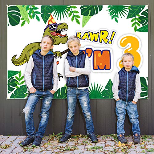 PAKBOOM Rawr I'm 3 Backdrop Banner - 3rd Third Dinosaur Birthday Decorations Party Supplies for Boys - 3.9 x 5.9ft