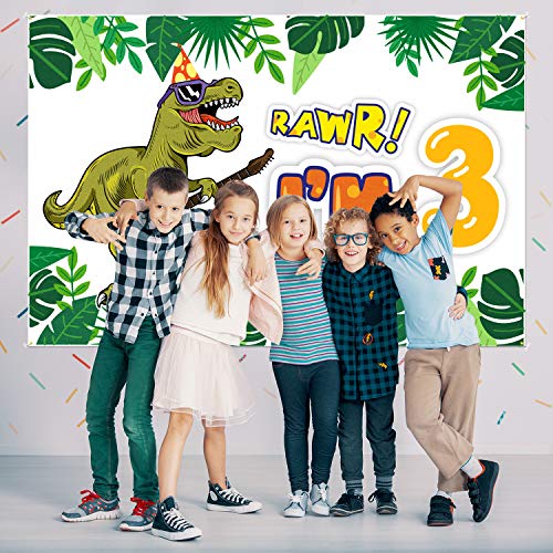 PAKBOOM Rawr I'm 3 Backdrop Banner - 3rd Third Dinosaur Birthday Decorations Party Supplies for Boys - 3.9 x 5.9ft