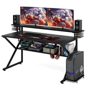 tribesigns gaming desk with storage shelf and 59 inches monitors shelf, 47 inches pc computer desk, home office table gamer workstation with cpu stand and headphone hook/cd holder (47)