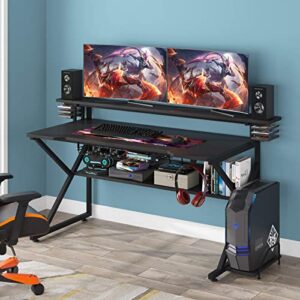Tribesigns Gaming Desk with Storage Shelf and 59 inches Monitors Shelf, 47 inches PC Computer Desk, Home Office Table Gamer Workstation with CPU Stand and Headphone Hook/CD Holder (47)