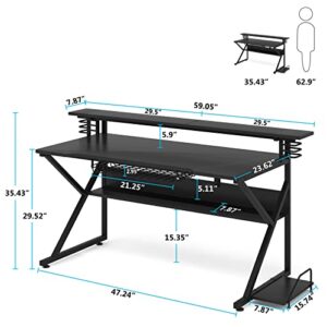Tribesigns Gaming Desk with Storage Shelf and 59 inches Monitors Shelf, 47 inches PC Computer Desk, Home Office Table Gamer Workstation with CPU Stand and Headphone Hook/CD Holder (47)